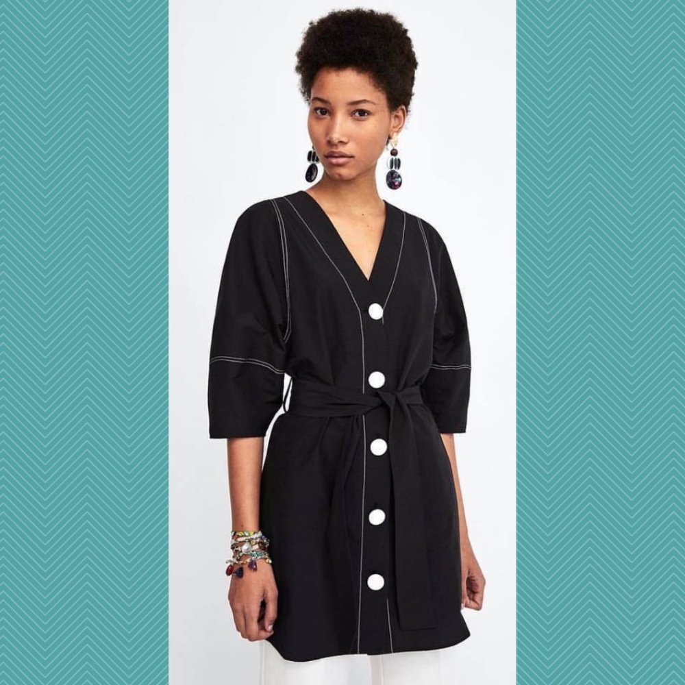Zara Black & White Button Front Belted Tunic Dress